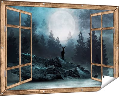 Gards Tuinposter Doorkijk Hert op een Rots tijdens Volle Maan - 150x100 cm - Tuindoek - Tuindecoratie - Wanddecoratie buiten - Tuinschilderij