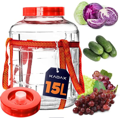 KADAX Gistballon, 15 liter, glazen ballon met deksel van kunststof, wijnballon, glazen gistballon, universeel glas, komkommerglas, voorraadglas, bewaarglas, fermentatiecontainer, inmaakglas