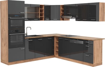 Vicco Hoekkeuken R-Line, Antraciet Hoogglans/Goudkleurig Eiken, 247 x 237 cm zonder werkblad