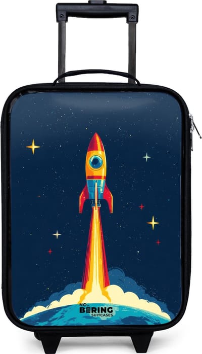 NoBoringSuitcases.com® - Kinderkoffer jongen - Kindertrolley meisje - Planeet - Raket - Sterren - Donkerblauw - Koffer kind lichtgewicht - Reiskoffer trolley voor kinderen - Koffertje met lichtgevende wieltjes - Rolkoffer zwart