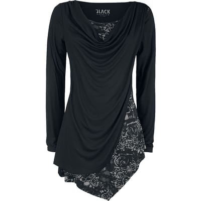Black Premium by EMP Shirt met lange mouwen - Black Long-Sleeve Shirt with Waterfall Neckline and Print - XS tot 5XL - voor Vrouwen - zwart