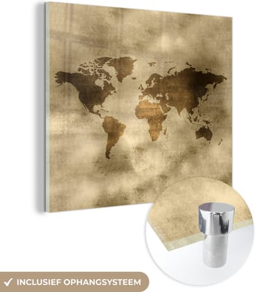® Glasschilderij 90x90 cm - Schilderij acrylglas - Wereldkaart - Papyrus - Antiek - Foto op glas - Muurdecoratie woonkamer - Wanddecoratie slaapkamer - Schilderijen