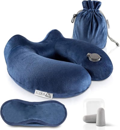 Opblaasbaar Nekkussen met Slaapmasker-Oordopjes-Draagtas en Zachte Fluweelachtige Hoes - Donkerblauw