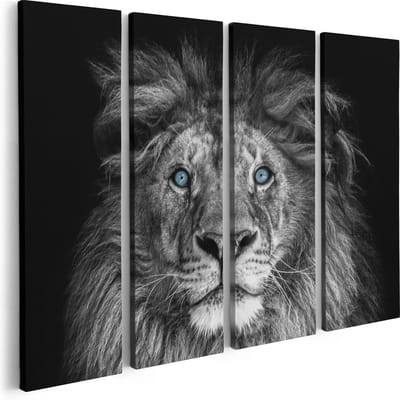 Artaza Canvas Schilderij Vierluik Leeuw Met Blauwe Ogen - Zwart Wit - 80x60 - Foto Op Canvas - Canvas Print