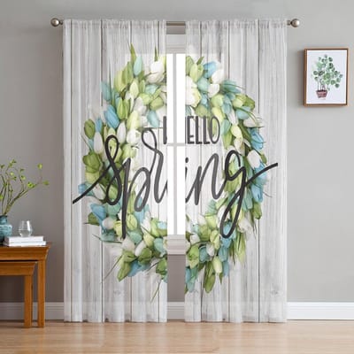 Lente Tulpen Krans Houtnerf Transparante Gordijnen Voor Woonkamer Slaapkamer Kinderkamer Tule Raambekleding Drapes 135W x 114H(cm) white