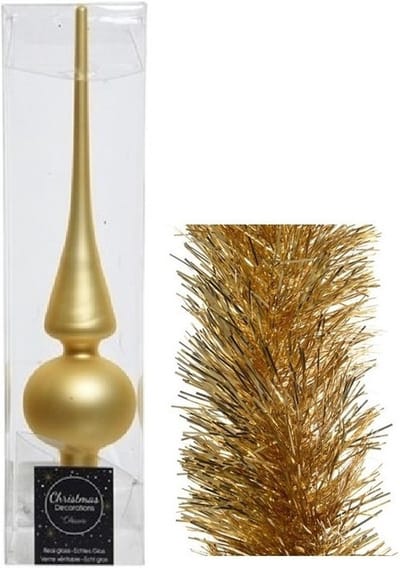 Kerstversiering glazen piek mat 26 cm en folieslingers pakket goud van 3x stuks - Kerstboomversiering