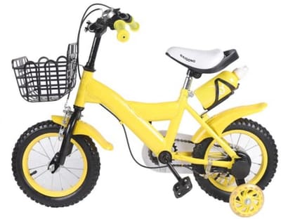 Kinderfiets 12 inch geel met opbergmand en steunwielen voor jongens en meisjes