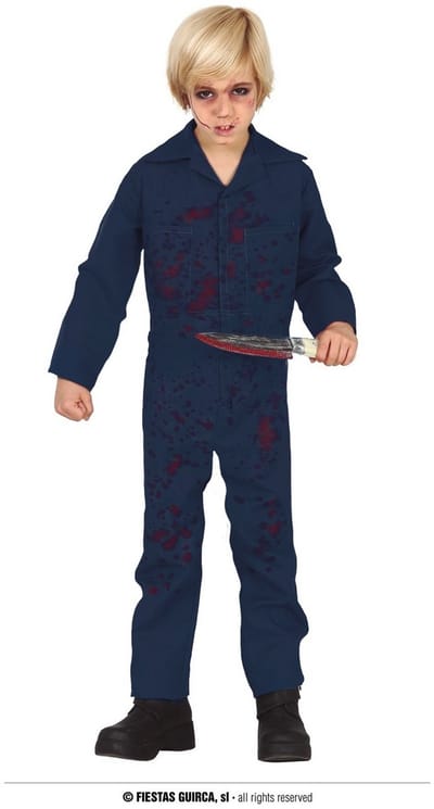 Blauw horror moordenaar verkleed kostuum / jumpsuit met bloedvlekken voor kinderen - Carnaval overal 122/134
