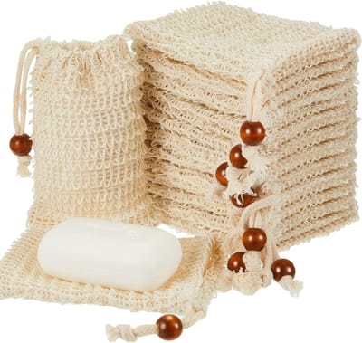 Herbruikbare sisal zeepzakjes, 10 stuks met trekkoord, 14 cm x 9 cm, ideaal voor massages en bevordering van de bloedcirculatie in de badkamer