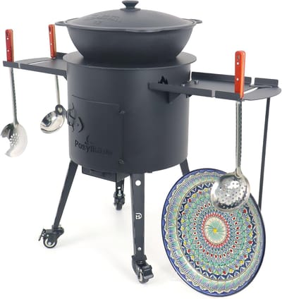 Buitenkeuken Set - Vuurkachel Kazan - Authentiek Koken - Gietijzeren Ketel - 40 cm - Zwart
