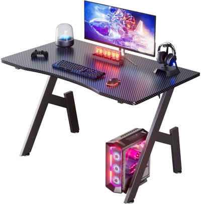 Bureau-Gaming bureau-A-vormig-Carbon-Fiber Gaming Bureau-Ergonomische Curve- Zwaar Belastbaar Stalen Frame-Kabeldoorvoeren- Bekerhouder- Koptelefoonhaak-( 100 CM)-Zwart.
