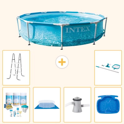 Intex Rond Frame Zwembad - 305 x 76 cm - Waterprint - Inclusief Onderhoudspakket - Grondzeil - Zwembadfilterpomp - Voetenbad - Ladder - Schoonmaakset - 7-delig