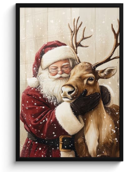 Poster in lijst - Fotolijst 60x90 cm - Posters - Kerstman - Rendier - Sneeuw - Kleurrijk - Posterlijst zwart - Decoratie - Wanddecoratie woonkamer - Muurdecoratie slaapkamer - Kerstversiering - Kerstdecoratie voor binnen - Kerstmis