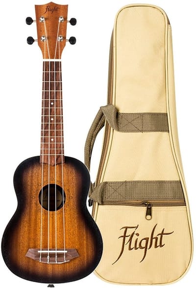 Flight NUS380 Amber Soprano Ukulele met Sapele Body, Walnut Toets, Bone Topkam en Flight Nylon Snaren
