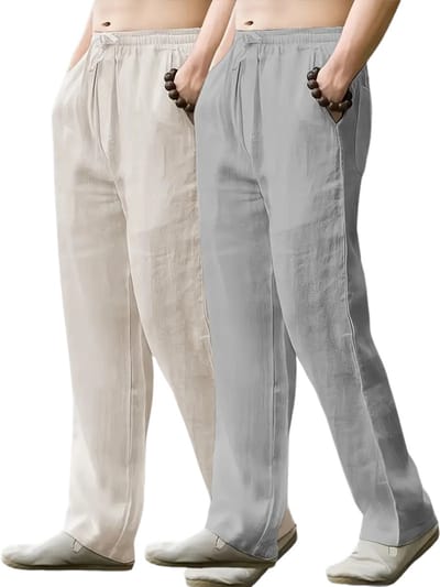 Livano Linnen Broek Heren - Zomerbroek - Volwassenen - Lange Broek - Pantalon - Strandbroek - Zomer - Ibiza Stijl - 2 Stuks Beige & Lichtgrijs - Maat M