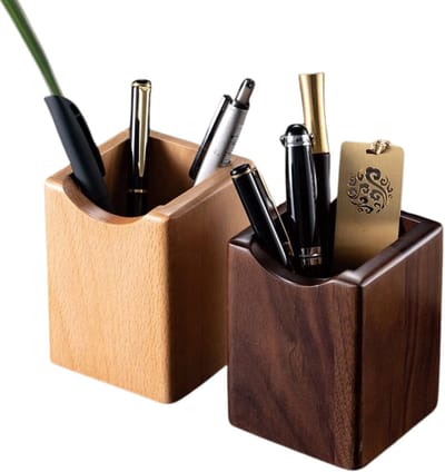 KZQ Penhouder van massief hout - Tweedelige bureau-organizer van natuurlijk hout voor vulpennen, potloden en markers - Stijlvol en duurzaam - Milieuvriendelijk, ideaal voor thuis, op kantoor en creatief werk - Gemaakt van walnoot- en beukenhout