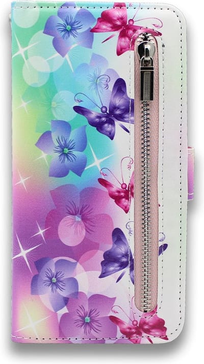 HB Hoesje Geschikt voor Apple iPhone XR - Portemonnee met Print en Rits Vakje - Hoes met Pasjeshouder, Magneetlipje en Standaardfunctie - Bloemen & Vlinders