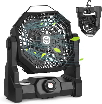 Draagbare Fan met LED-Lamp - 7800mAh Batterij - 270° Draaibaar - Stapelloze Snelheidsregeling - Stille Oplaadbare Kampeerfan voor Picknick, Barbecue, Vissen en Reizen - 250x210x120 mm - Zwart