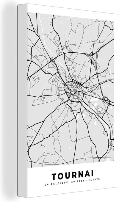 Canvas Schilderij Stadskaart – Plattegrond – België – Zwart Wit – Tournai – Kaart - 20x30 cm - Wanddecoratie