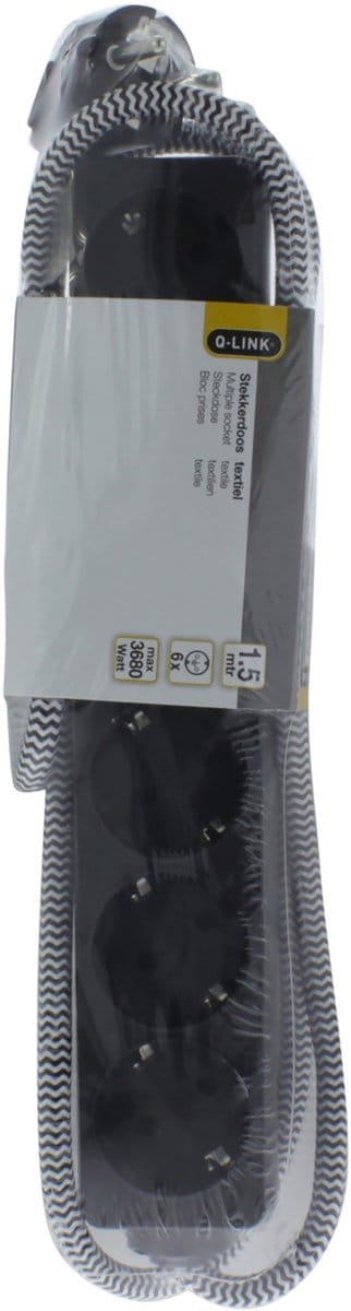 Q-Link stekkerdoos - 6-voudig - randaarde - met platte stekker - max 3680W - textiel - 3 x 1.5 mmÂ² - 1.5 m - zwart