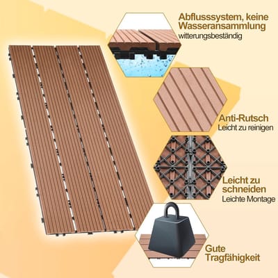 Terrastegels 30 x 60 cm in houtlook, set van 12 voor tuin en balkon met kliksysteem