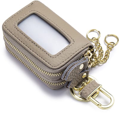 Echt lederen sleuteletui met dubbele ritssluiting - Heuptasje van hoogwaardig rundleer - Unisex - Sleutelhouder - Draagbaar -Autosleutel leren etui - autosleutel unisex leren etui met transparante rits en venster -Olifantgrijs