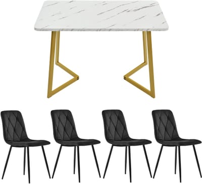 5-Delige Eettafelset, Rechthoek Eettafelset, Moderne Keuken Eettafel en Stoelenset, Keukenmeubilair – De tafel meet 117x68x75 cm, Inclusief 4 Stoelen, Tafelblad Met Marmerlook, Goud Metalen Tafelpoten
