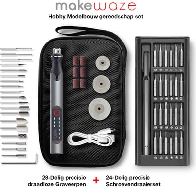 Makewaze elektrische draadloos Graveerpen + 24-Delig precisie Schroevendraaier set. Multifunctionele Graveermachine / hobby modelbouw set voor knutselen klussen en repareren voor o.a. Glas, Hout, Metaal, Sieraden, Camera, Smartphone