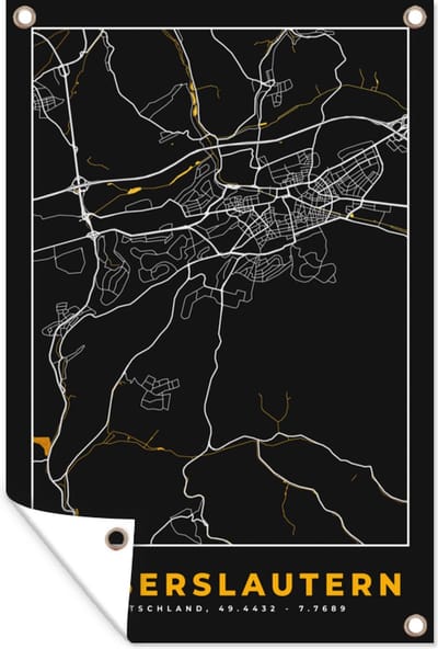 Muurdecoratie Kaiserslautern - Black and Gold - Stadskaart - Plattegrond - Kaart - Duitsland - 120x180 cm - Tuinposter - Tuindoek