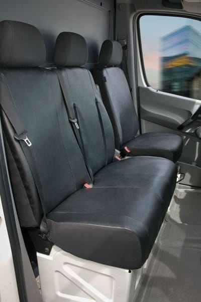 Walser Autostoelhoes Transporter Fit Kunstleer antraciet geschikt voor Mercedes-Benz Sprinter - VW LT - 1 enkele zitplaats voorin (uitsparing armleuning) & - dubbele zitbank voorin