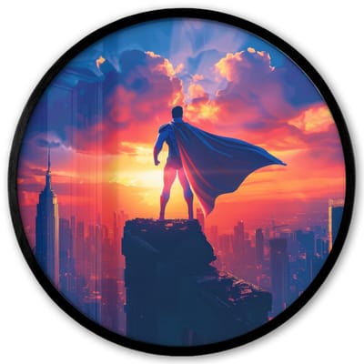 Poster in lijst Rond - Fotolijst 40x40 cm - Posters - Superheld - Stad - Jongens - Kleurrijk - Zon - Ronde posterlijst zwart - Decoratie - Wanddecoratie woonkamer - Muurdecoratie slaapkamer