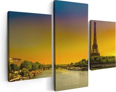 Artaza Canvas Schilderij Drieluik Eiffeltoren In Parijs Tijdens Zonsopgang - 90x60 - Foto Op Canvas - Canvas Print