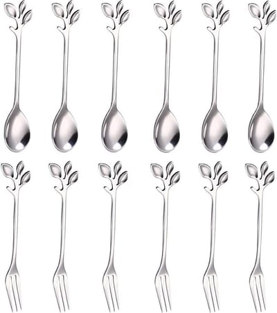 12-delige roestvrijstalen theelepels bestekset, koffielepel, fruitvork, tafelvorken, roestvrij staal, kleine taartvorken, inclusief 6 lepels en 6 vorken, voor keukentheekransjes en koffieshops