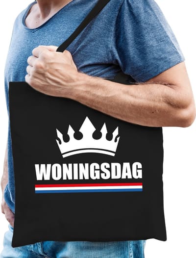 Woningsdag / katoenen tas zwart met kroon voor heren - Koningsdag - thuisblijvers / Kingsday thuis vieren - tasje / shopper voor heren
