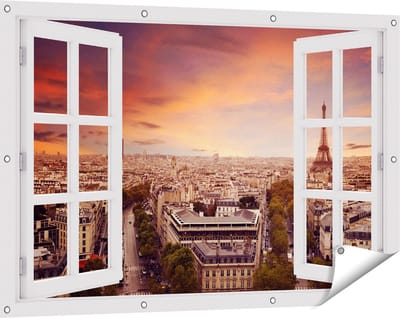Gards Tuinposter Doorkijk Skyline Parijs met Eiffeltoren - 120x80 cm - Tuindoek - Tuindecoratie - Wanddecoratie buiten - Tuinschilderij