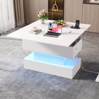 BLACKCOLORS - Salontafel - 100x50x51,5 cm - Met stopcontact - USB-C - USB-oplaadpoort - LED-verlichting - Opklapbaar - In hoogte verstelbaar - Multifunctioneel - Opbergruimte - Bijzettafel - Eettafel - Wit