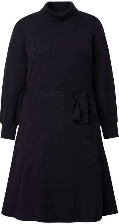 MIAMODA - Dames - Gebreide jurk midilengte col ceintuur in de taille - Zwart - Maat 50+