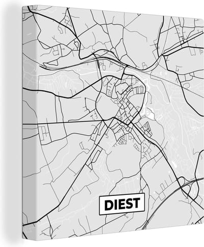 Canvas Schilderij België – Diest – Stadskaart – Kaart – Zwart Wit – Plattegrond - 20x20 cm - Wanddecoratie