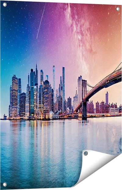 Gards Tuinposter New York Skyline met een Kleurrijke Hemel - 60x80 cm - Tuindoek - Tuindecoratie - Wanddecoratie buiten - Tuinschilderij
