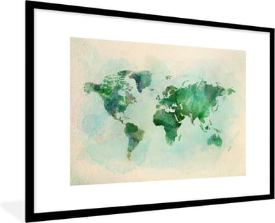 Poster in lijst - Fotolijst 90x60 cm - Posters - Wereldkaart - Waterverf - Groen - Posterlijst zwart - Decoratie - Wanddecoratie woonkamer - Muurdecoratie slaapkamer
