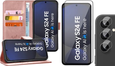 Hoesje geschikt voor Samsung Galaxy S24 FE - Screenprotector Volledig Dekkend Glas & Camera - Portemonnee Book Case Rosegoud
