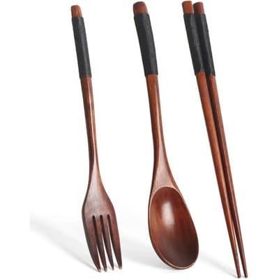 Vaisselle en Bois Antidérapante Ensemble Cuillère Long Manche Baguettes Fourchette Style Japonais Ramen Set de Vaisselle pour Maison Cuisine Ensemble de Couverts black