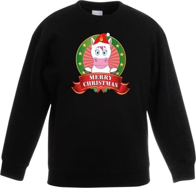 Zwarte kersttrui met een eenhoorn jongens en meisjes - Kerstruien kind 98/104