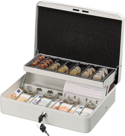 Geldkistje met slot - Bakje voor munten en briefgeld - Geldkluis - IJzer - HBD 85 x 305 x 245 cm - Wit Geldkistje