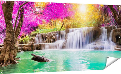 Gards Tuinposter Waterval met Groen Water en Roze Bladeren - 180x90 cm - Tuindoek - Tuindecoratie - Wanddecoratie buiten - Tuinschilderij