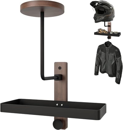 Helmhouder voor wandmontage met plank voor motorfietsen, fietsen en sportuitrusting, aluminium en hout