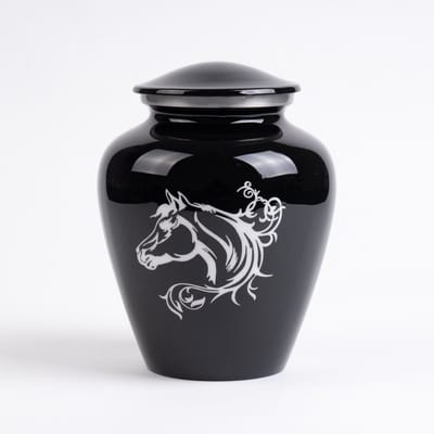 Paarden Urn Groot 3,5 liter Zwart met Witte Paardenillustratie - Dieren Urn voor As Crematie - Urn Hond - Urn Kat