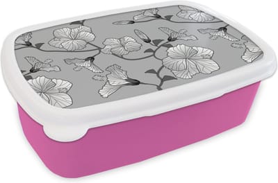 Broodtrommel Roze - Lunchbox - Brooddoos - Hibiscus - Grijs - Tropisch - Patroon - 18x12x6 cm - Kinderen - Meisje
