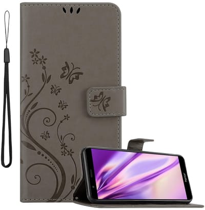 Cadorabo Hoesje geschikt voor Honor 7X in BLOEMEN GRIJS - Beschermhoes in bloemmotief met magnetische sluiting, standfunctie en kaartsleuven Book Case Cover Etui