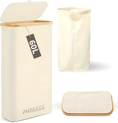 Smalle Wasmand met Deksel en Waszak - 60L - Smal - Wasmand - Opvouwbaar - Opbergmand - Linnen - Beige